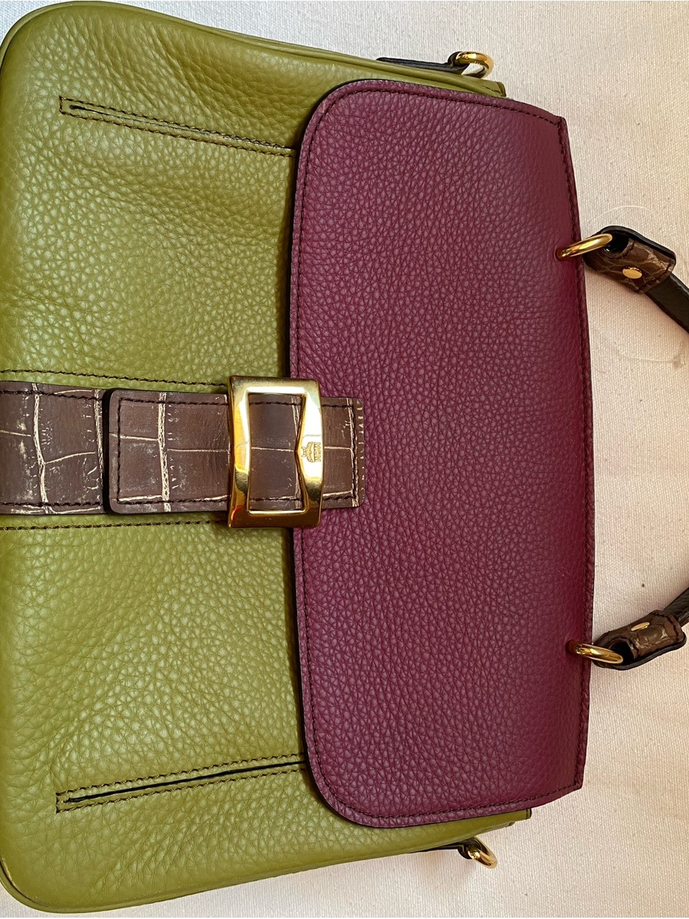 MCM Olive Green and Burgundy Leather Satchel with Gold Buckle